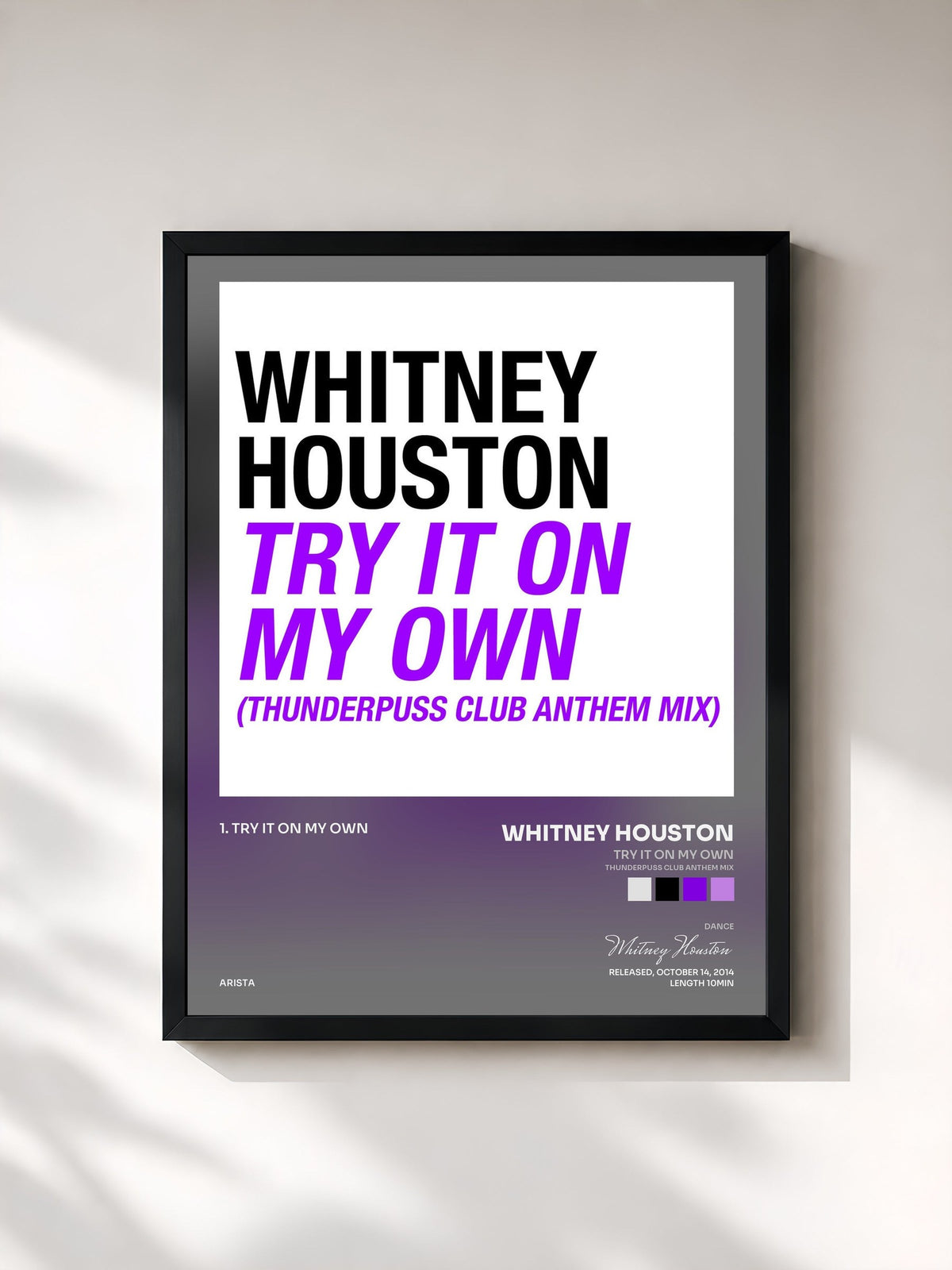 #noir Tableau de l'album Try It On My Own (Thunderpuss Club Anthem Mix) de Whitney Houston, cadre noir, imprimé et encadré en France