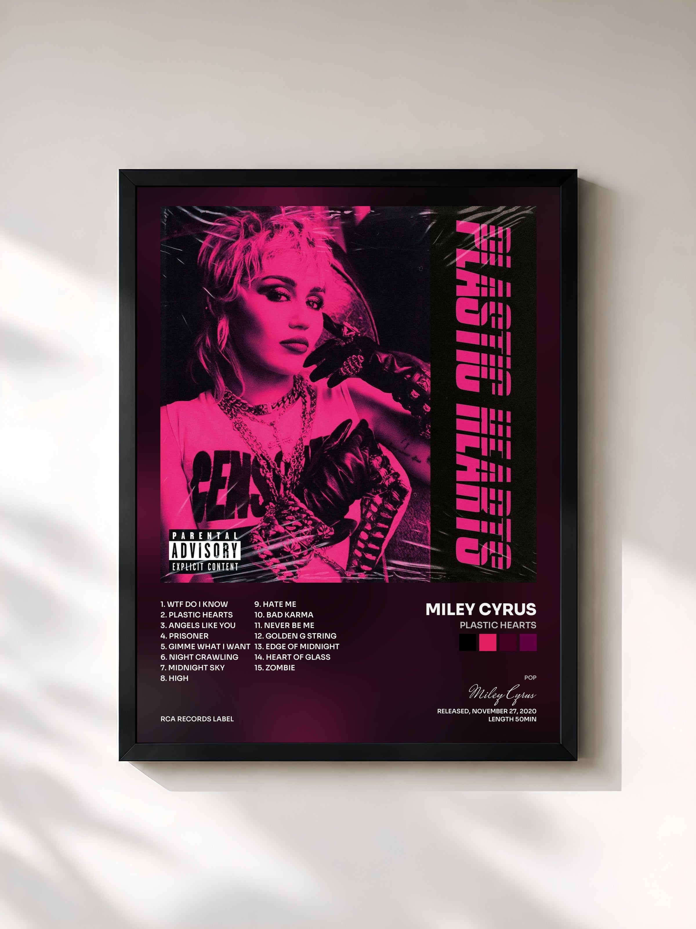 #noir Plastic Hearts by Miley Cyrus as a framed art print, black frame, printed and framed in France