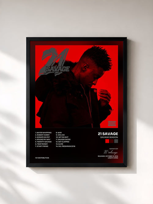 #noir Savage Season de 21 Savage en lámina enmarcada, marco negro, impresa y enmarcada en Francia
