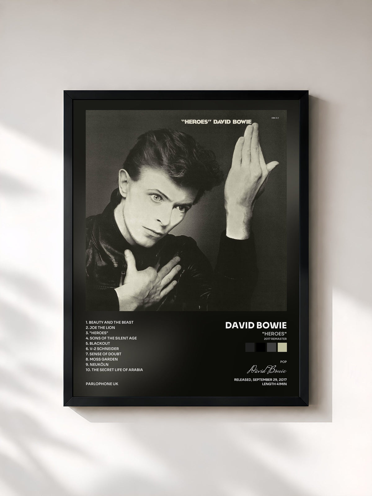 #noir Tableau de l'album "Heroes" (2017 Remaster) de David Bowie, cadre noir, imprimé et encadré en France