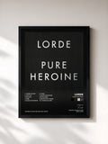 #noir Tableau de l'album Pure Heroine de Lorde, cadre noir, imprimé et encadré en France