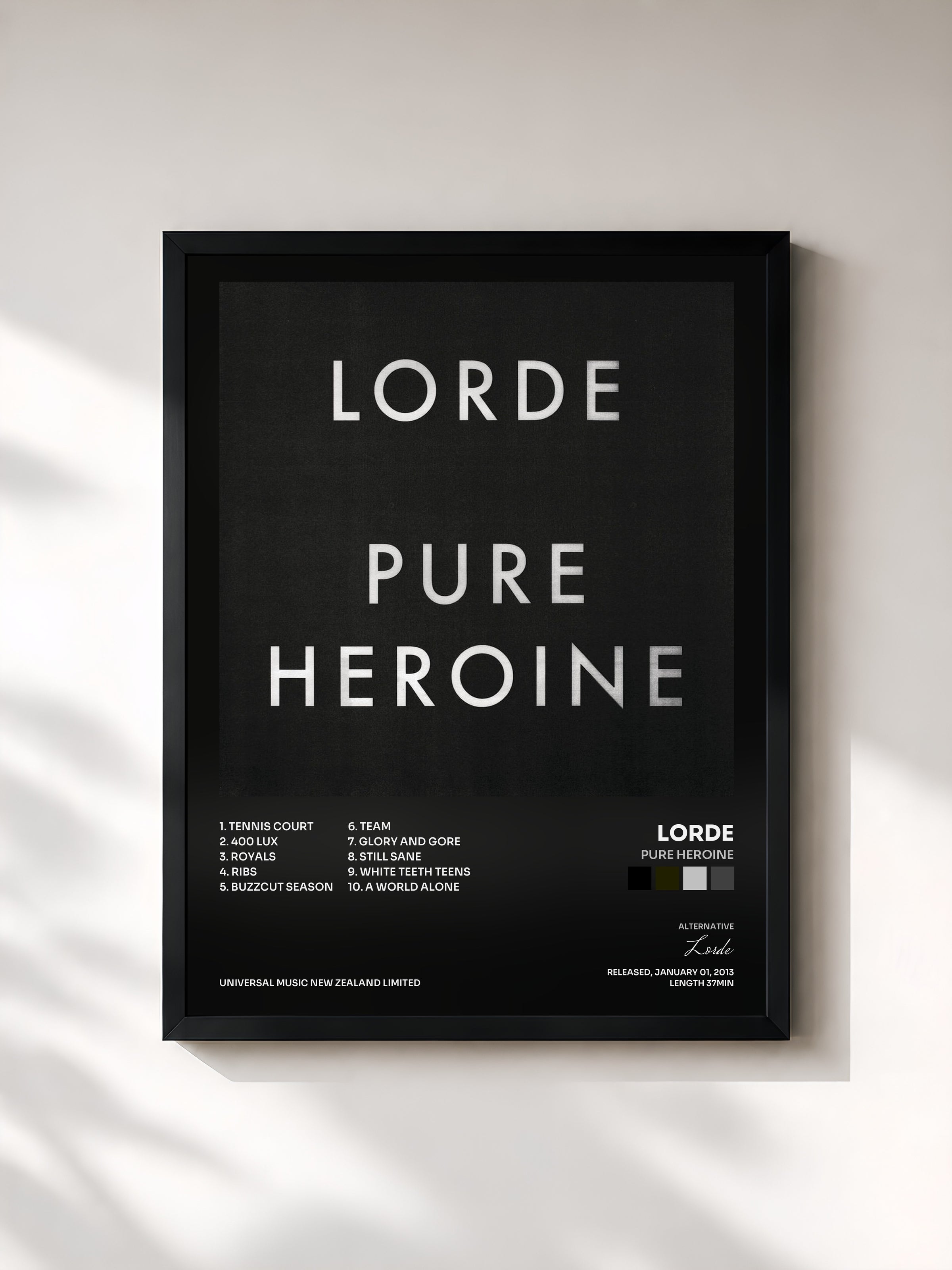 #noir Tableau de l'album Pure Heroine de Lorde, cadre noir, imprimé et encadré en France