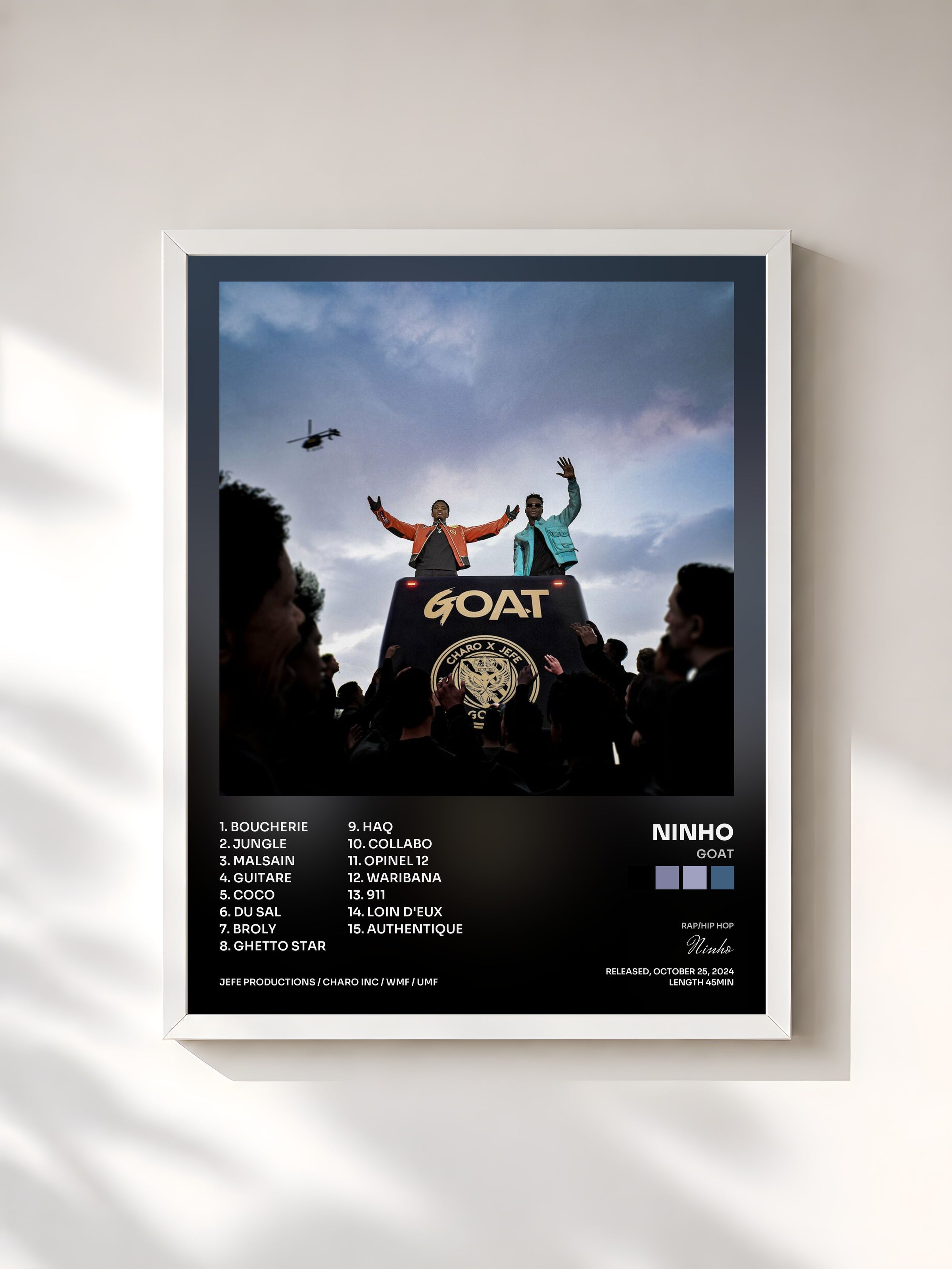 #blanc GOAT by Ninho as a framed art print, white frame, printed and framed in France