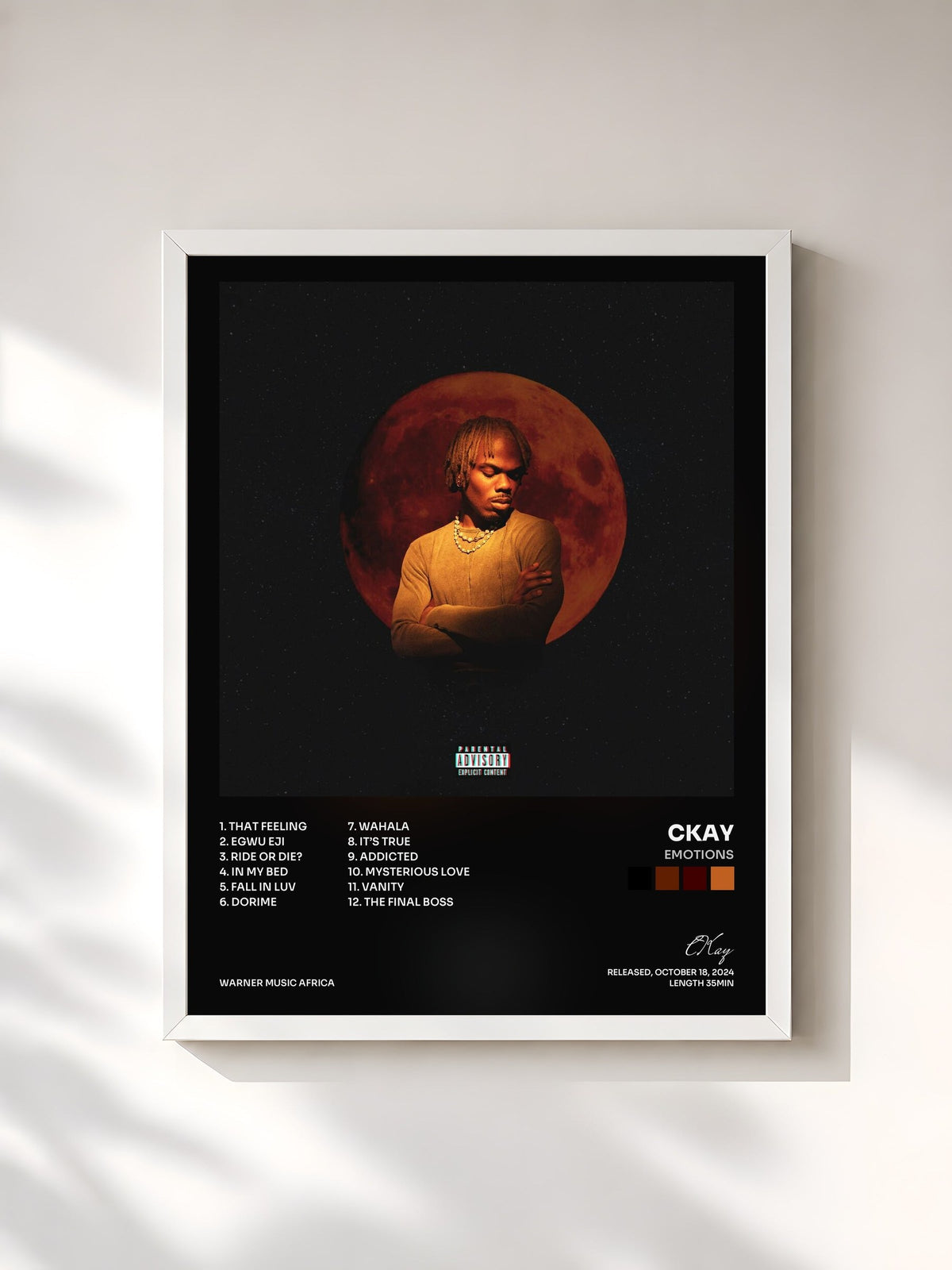 #blanc Tableau de l'album EMOTIONS de CKay, cadre blanc, imprimé et encadré en France