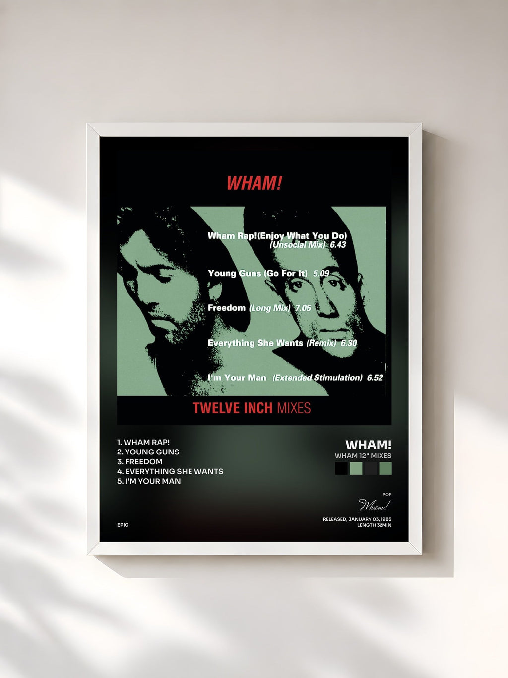 #blanc Tableau de l'album Wham 12" Mixes de Wham!, cadre blanc, imprimé et encadré en France