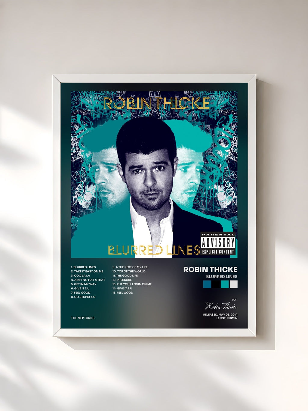 #blanc Blurred Lines de Robin Thicke en lámina enmarcada, marco blanco, impresa y enmarcada en Francia