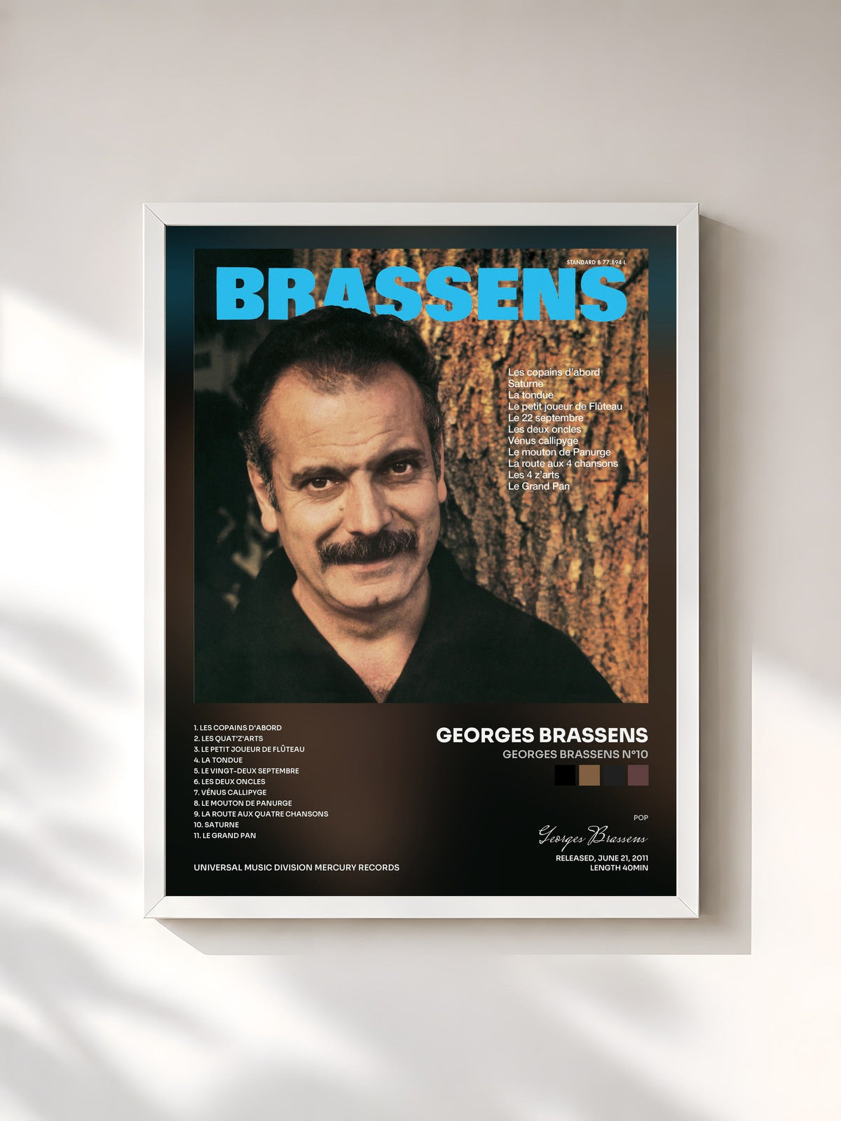 #blanc Tableau de l'album Georges Brassens N°10 de Georges Brassens, cadre blanc, imprimé et encadré en France