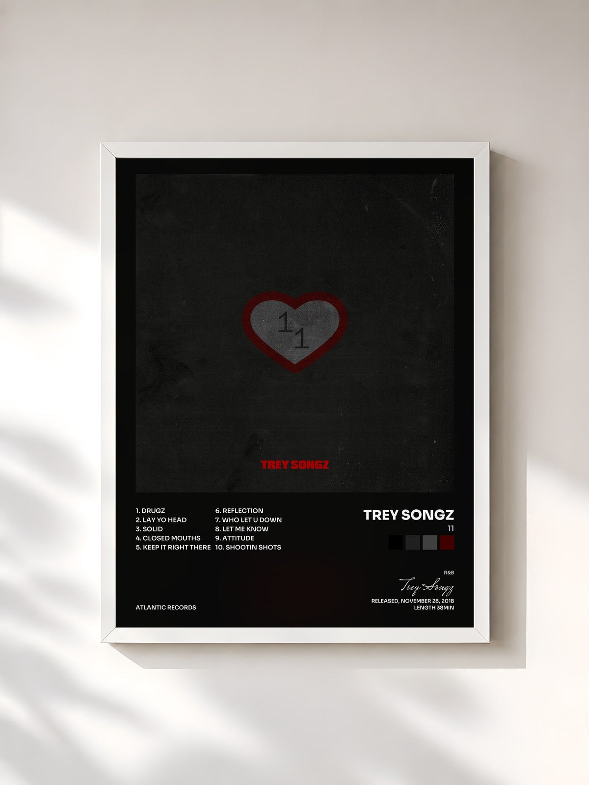 #blanc Tableau de l'album 11 de Trey Songz, cadre blanc, imprimé et encadré en France
