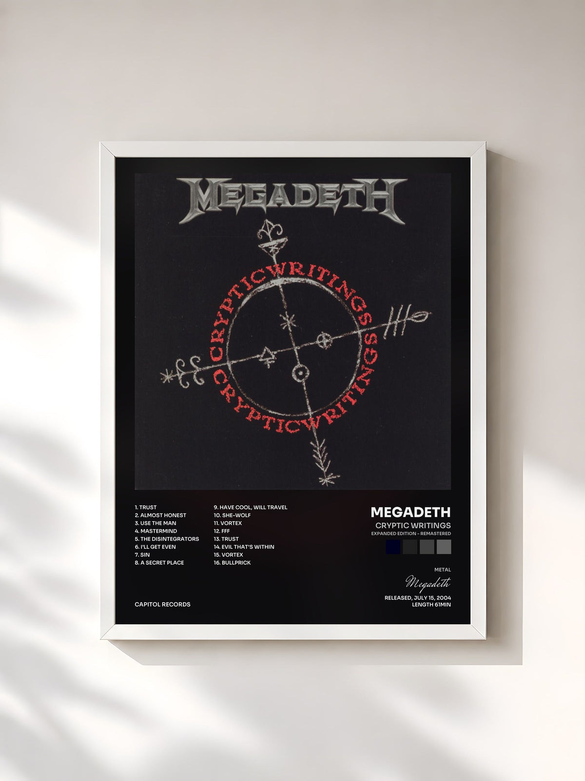 #blanc Tableau de l'album Cryptic Writings (Expanded Edition - Remastered) de Megadeth, cadre blanc, imprimé et encadré en France