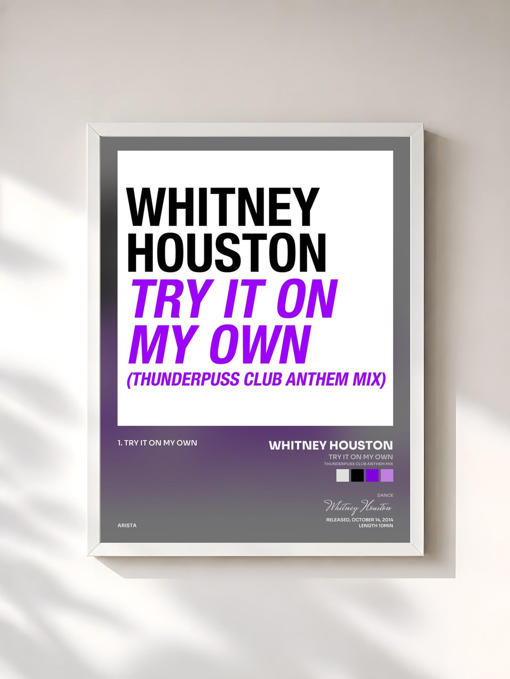 #blanc Tableau de l'album Try It On My Own (Thunderpuss Club Anthem Mix) de Whitney Houston, cadre blanc, imprimé et encadré en France