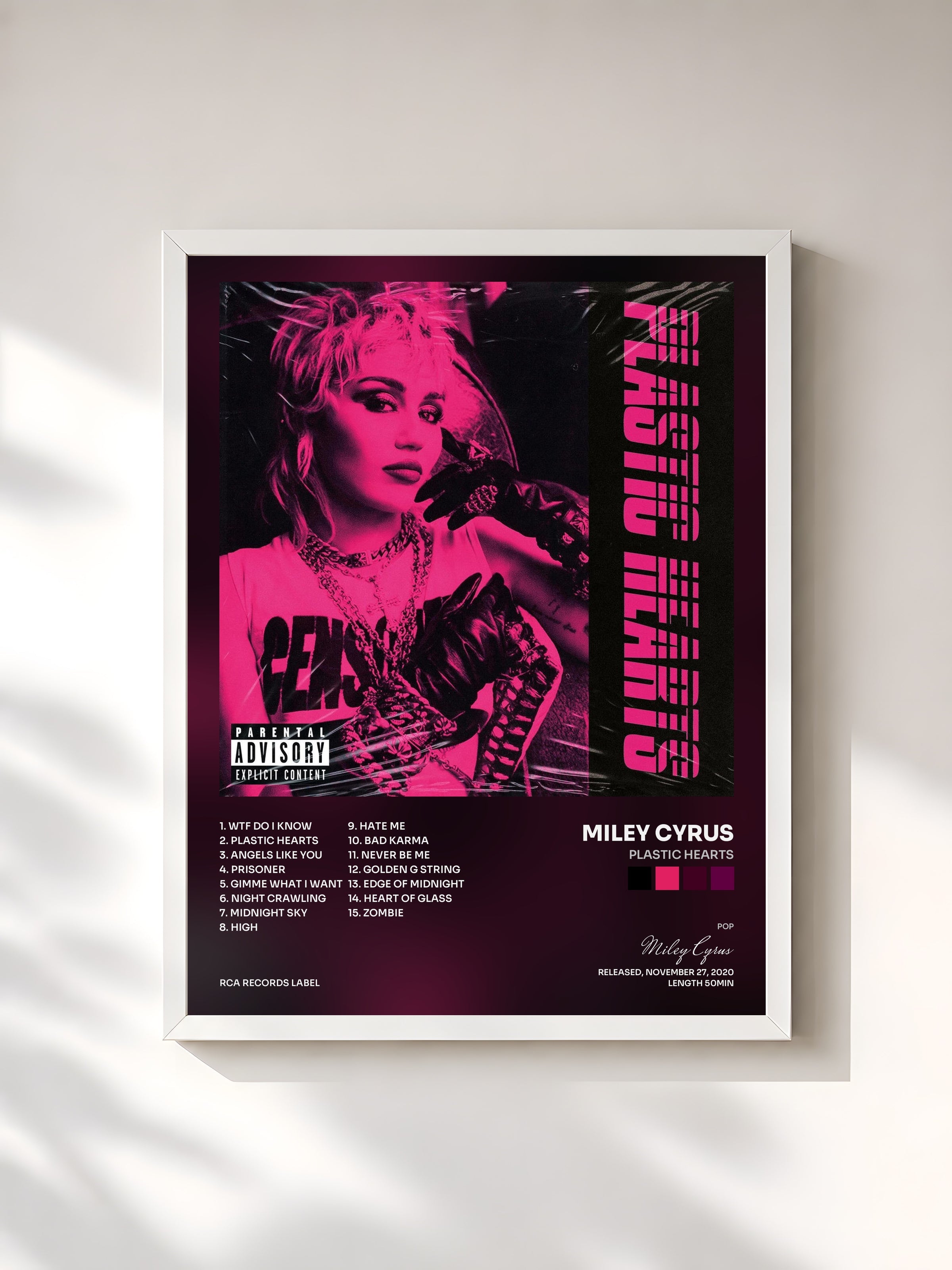#blanc Plastic Hearts by Miley Cyrus as a framed art print, white frame, printed and framed in France