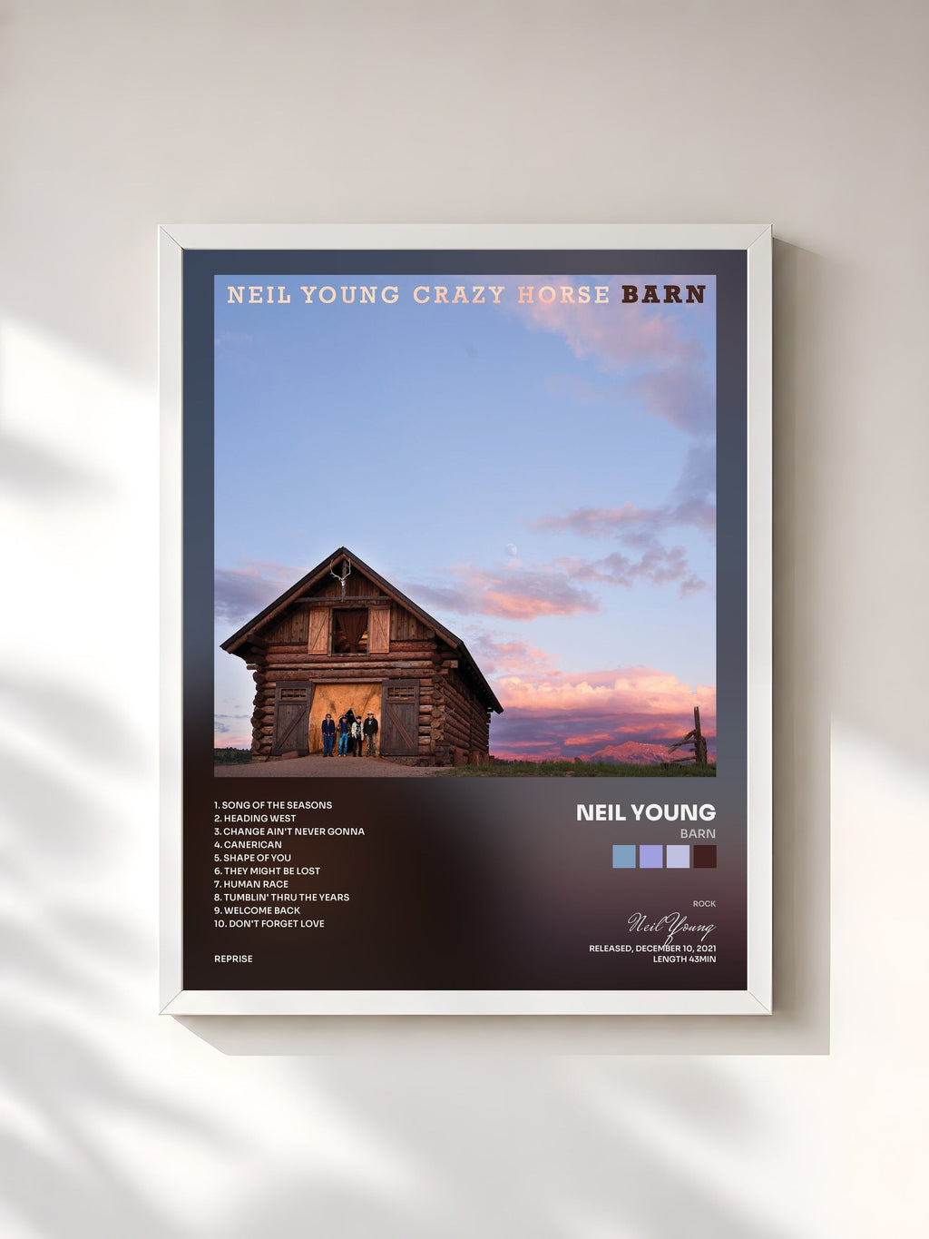 #blanc Tableau de l'album Barn de Neil Young, cadre blanc, imprimé et encadré en France