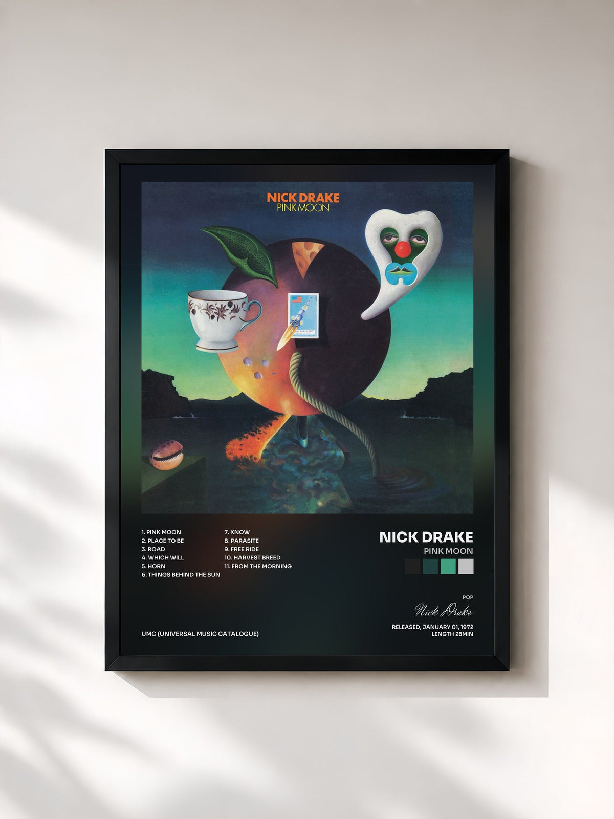 #noir Tableau de l'album Pink Moon de Nick Drake, cadre noir, imprimé et encadré en France