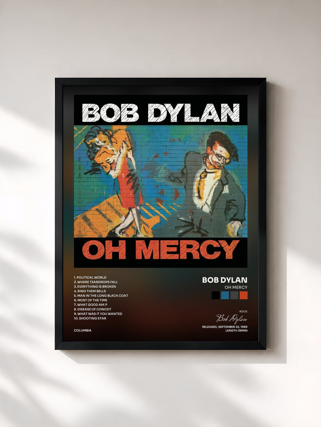 #noir Tableau de l'album Oh Mercy de Bob Dylan, cadre noir, imprimé et encadré en France