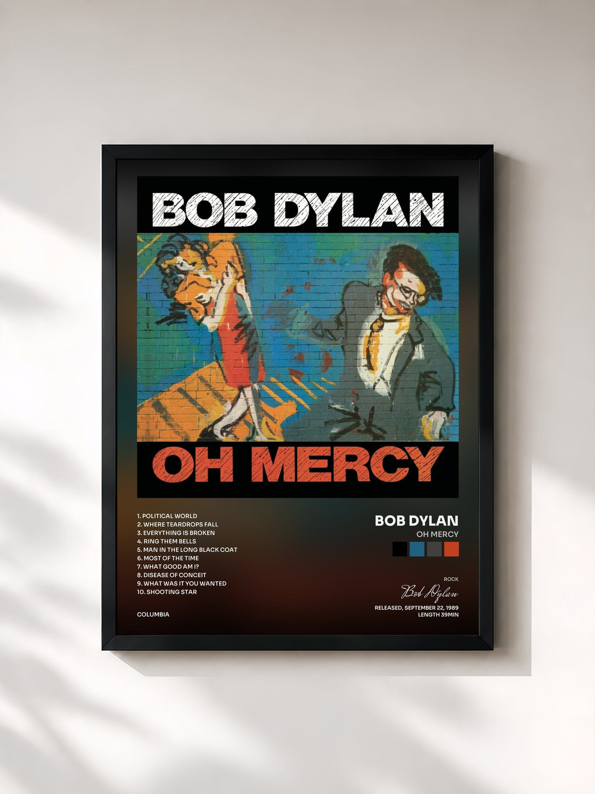 #noir Tableau de l'album Oh Mercy de Bob Dylan, cadre noir, imprimé et encadré en France