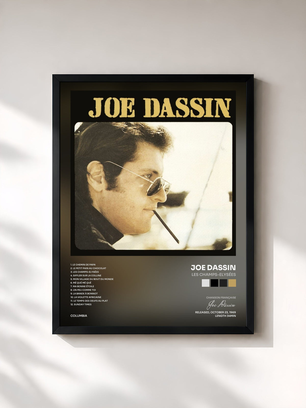 #noir Les Champs-Elysées by Joe Dassin as a framed art print, black frame, printed and framed in France