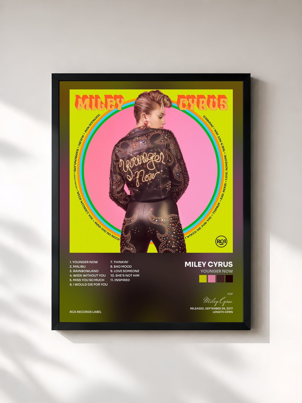 #noir Tableau de l'album Younger Now de Miley Cyrus, cadre noir, imprimé et encadré en France
