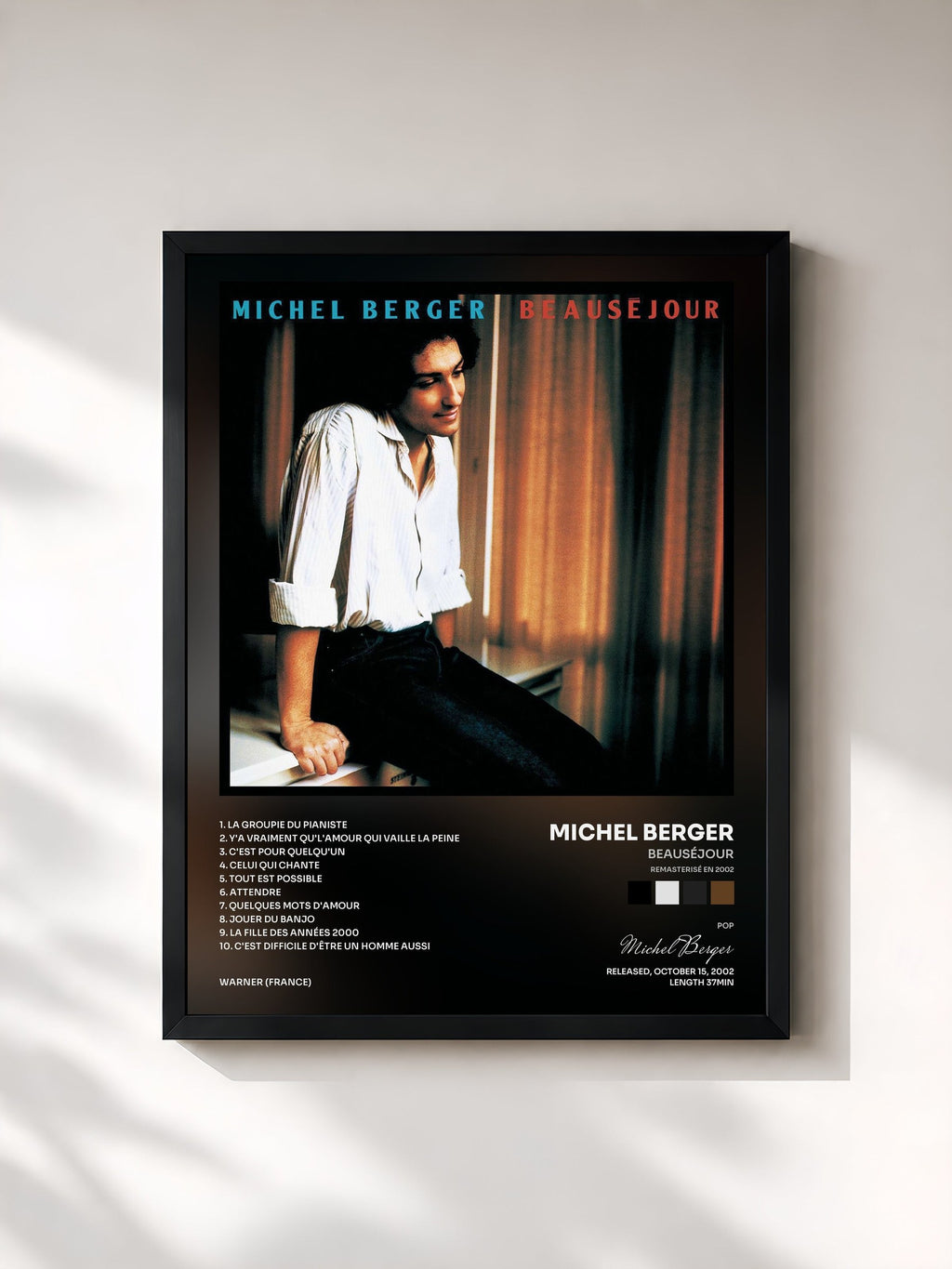#noir Tableau de l'album Beauséjour (Remasterisé en 2002) de Michel Berger, cadre noir, imprimé et encadré en France