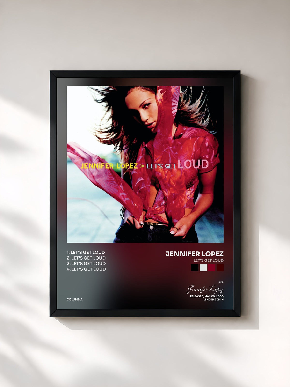 #noir Tableau de l'album Let's Get Loud de Jennifer Lopez, cadre noir, imprimé et encadré en France
