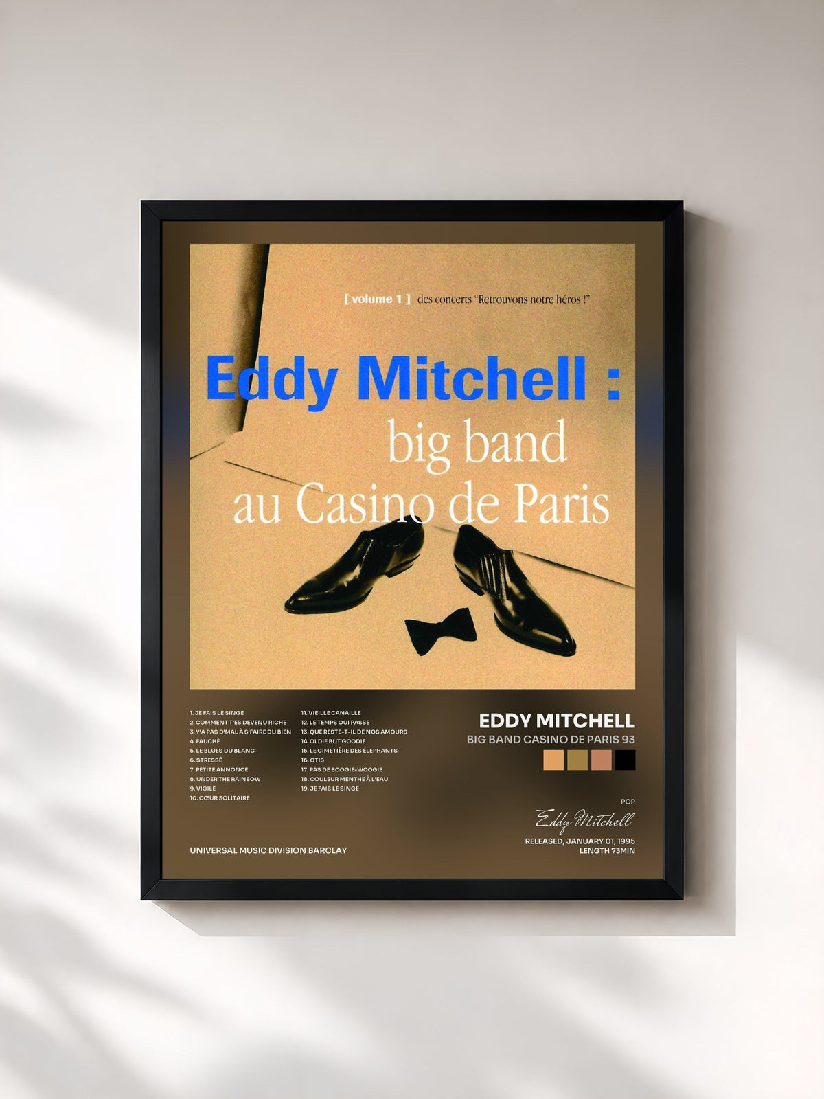 #noir Tableau de l'album Big Band Casino De Paris 93 de Eddy Mitchell, cadre noir, imprimé et encadré en France