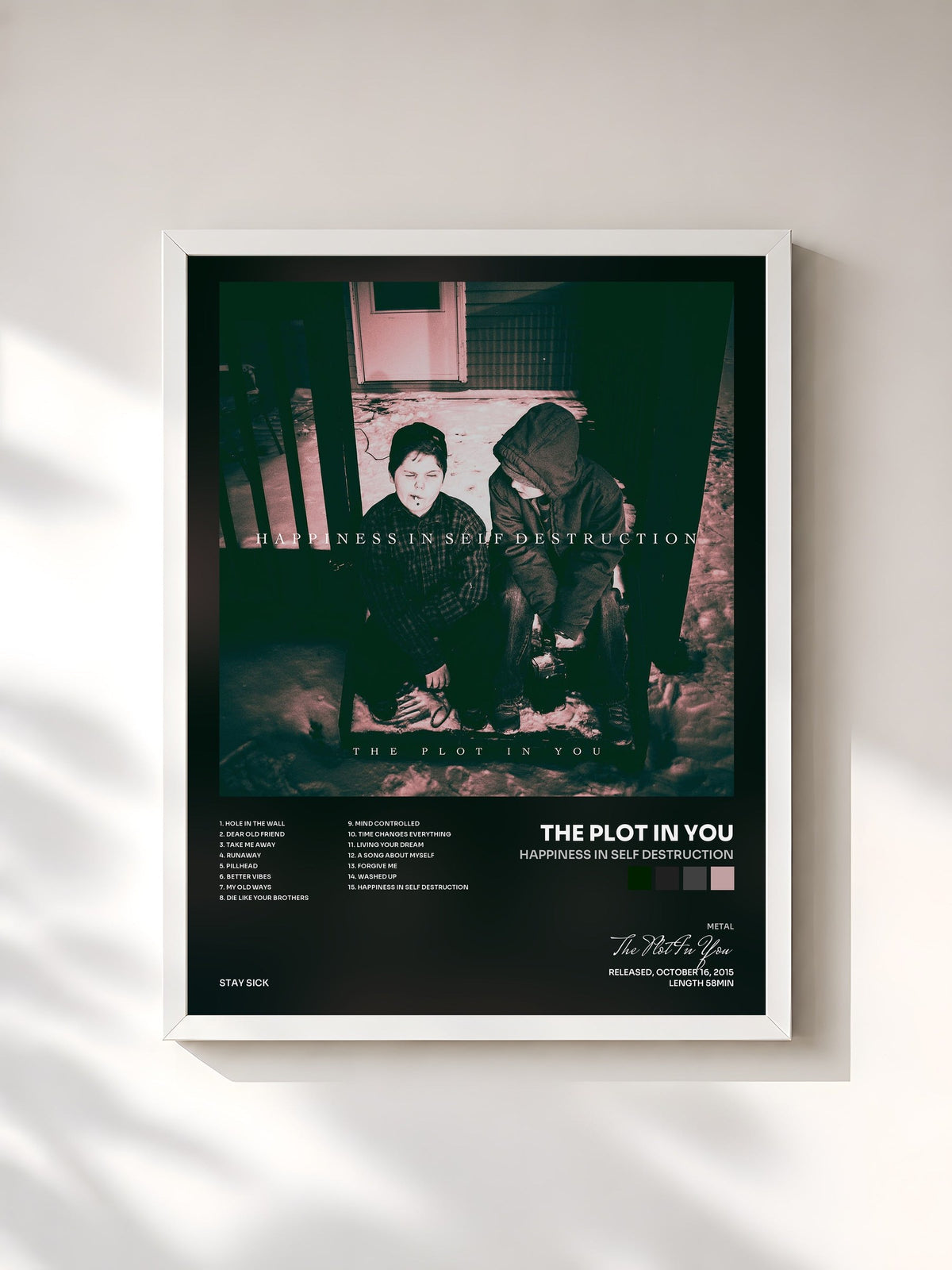 #blanc Tableau de l'album Happiness in Self Destruction de The Plot In You, cadre blanc, imprimé et encadré en France