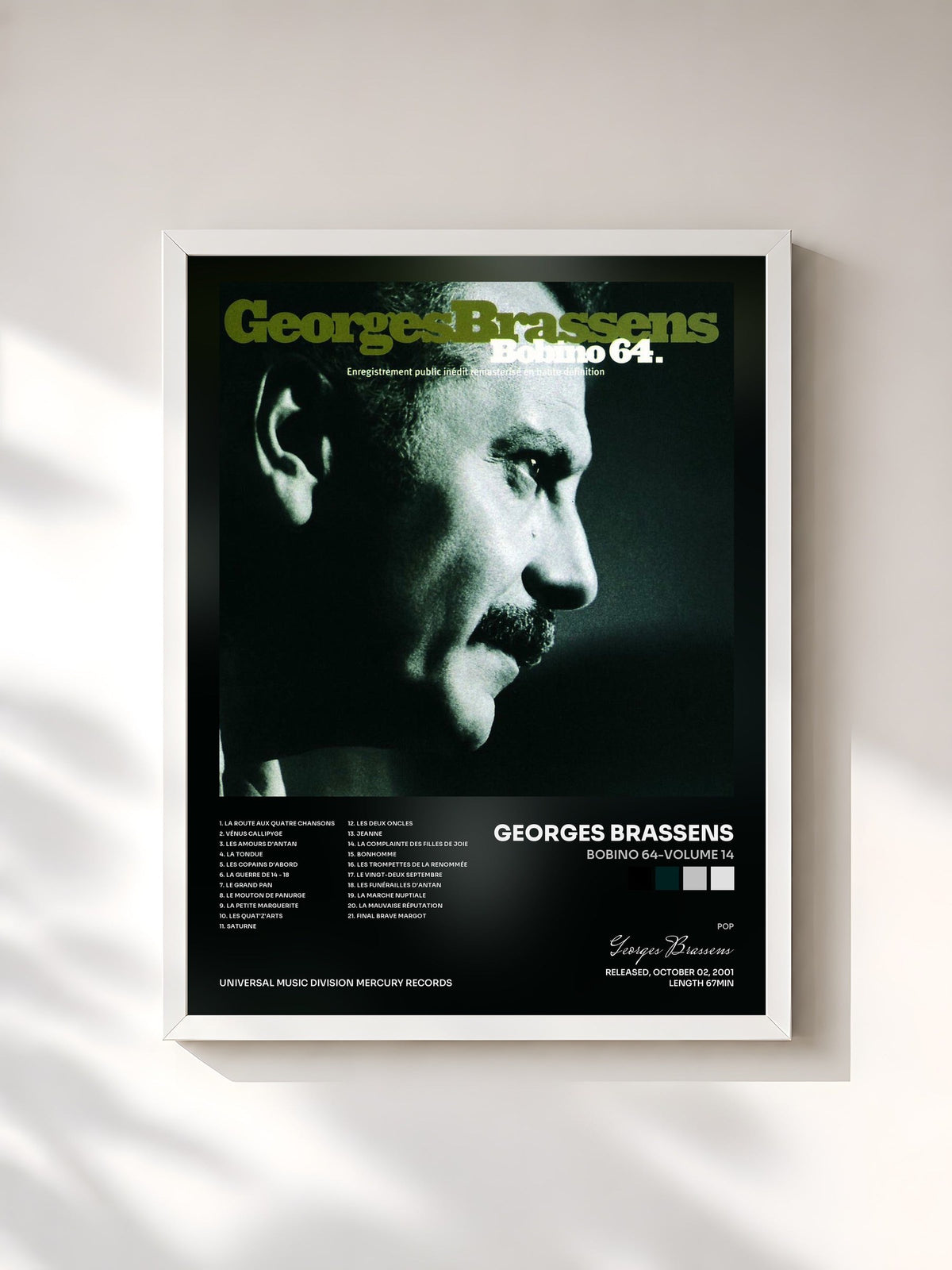 #blanc Bobino 64-Volume 14 di Georges Brassens in stampa incorniciata, cornice bianca, stampata e incorniciata in Francia