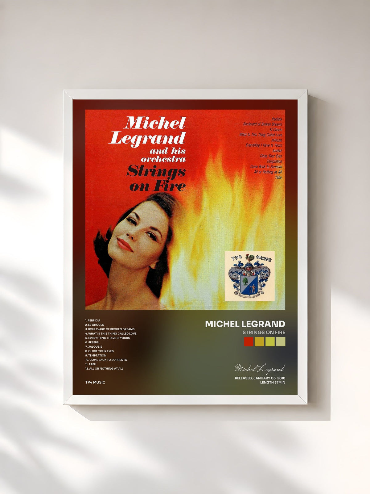 #blanc Tableau de l'album Strings on Fire de Michel Legrand, cadre blanc, imprimé et encadré en France