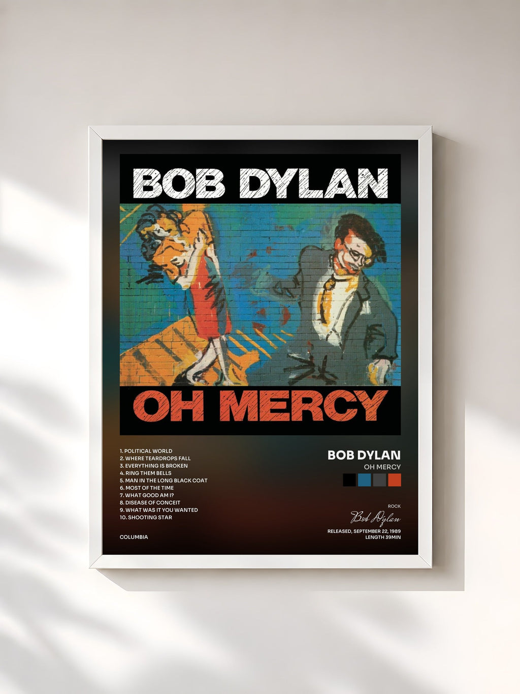 #blanc Tableau de l'album Oh Mercy de Bob Dylan, cadre blanc, imprimé et encadré en France
