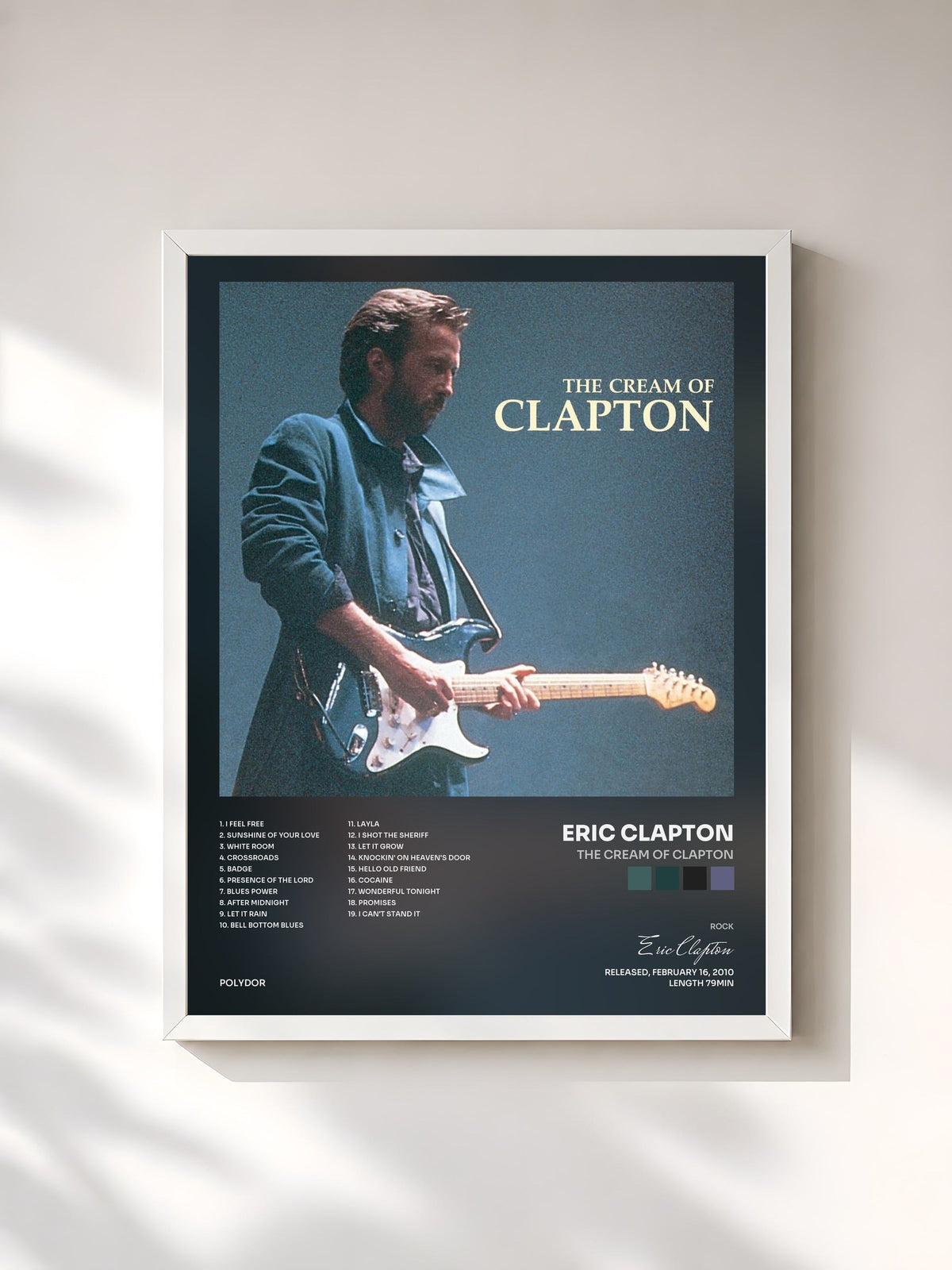 #blanc Tableau de l'album The Cream Of Clapton de Eric Clapton, cadre blanc, imprimé et encadré en France