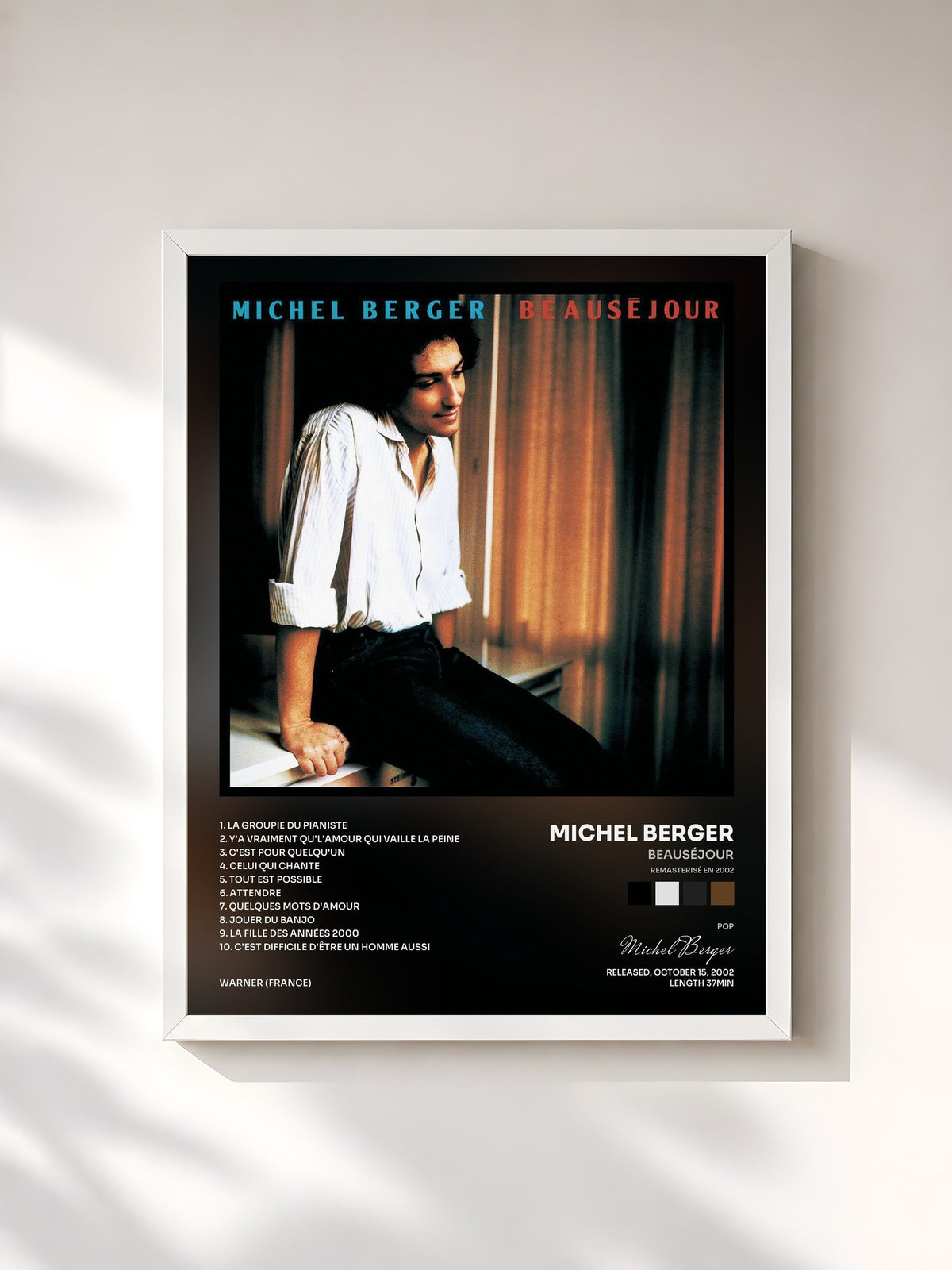 #blanc Tableau de l'album Beauséjour (Remasterisé en 2002) de Michel Berger, cadre blanc, imprimé et encadré en France