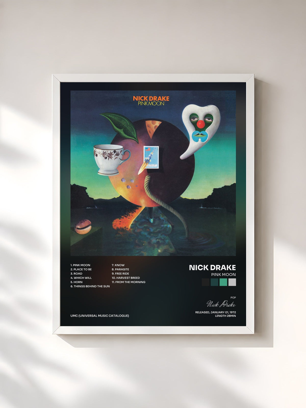 #blanc Tableau de l'album Pink Moon de Nick Drake, cadre blanc, imprimé et encadré en France