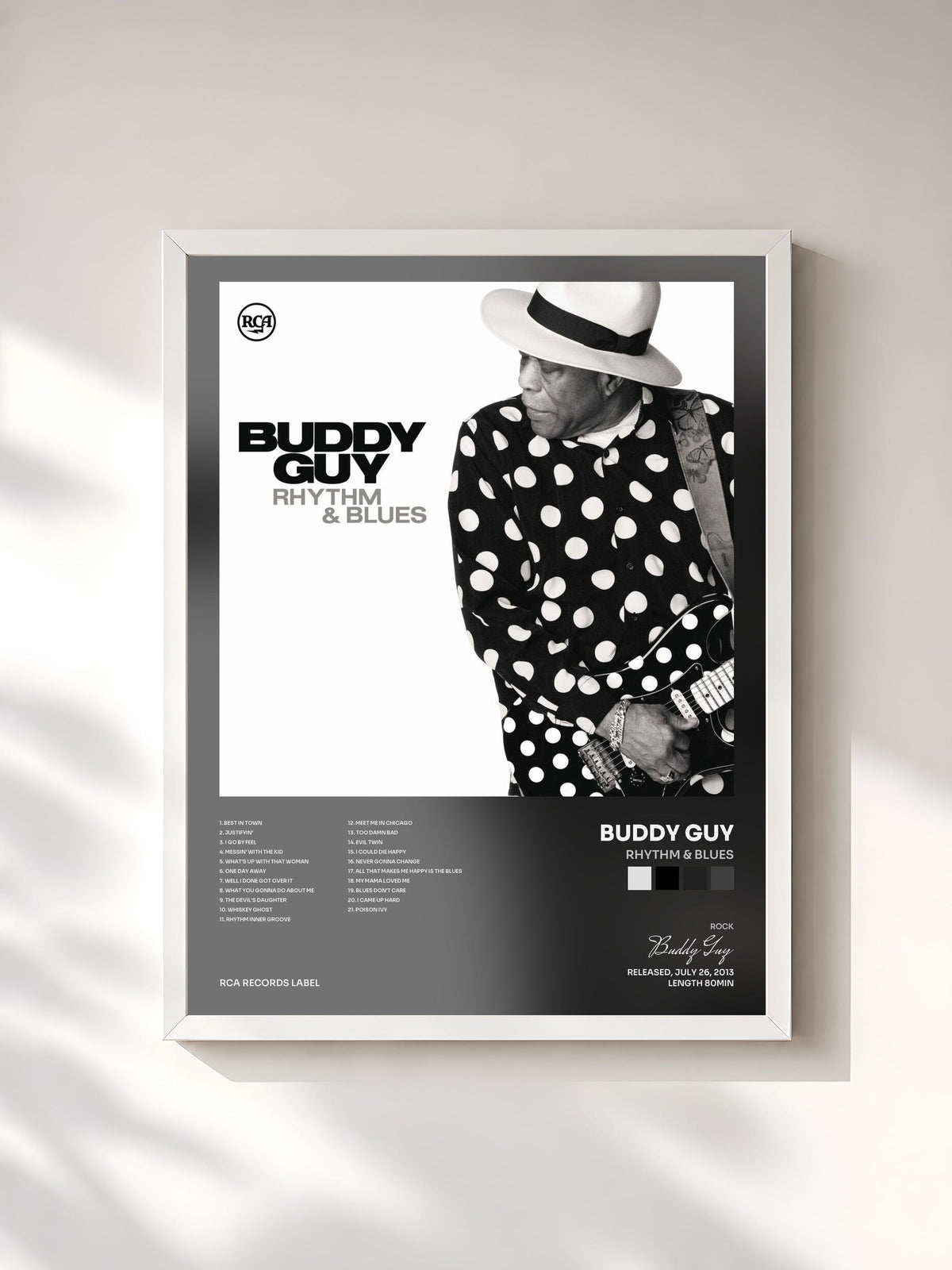 #blanc Rhythm & Blues de Buddy Guy en lámina enmarcada, marco blanco, impresa y enmarcada en Francia