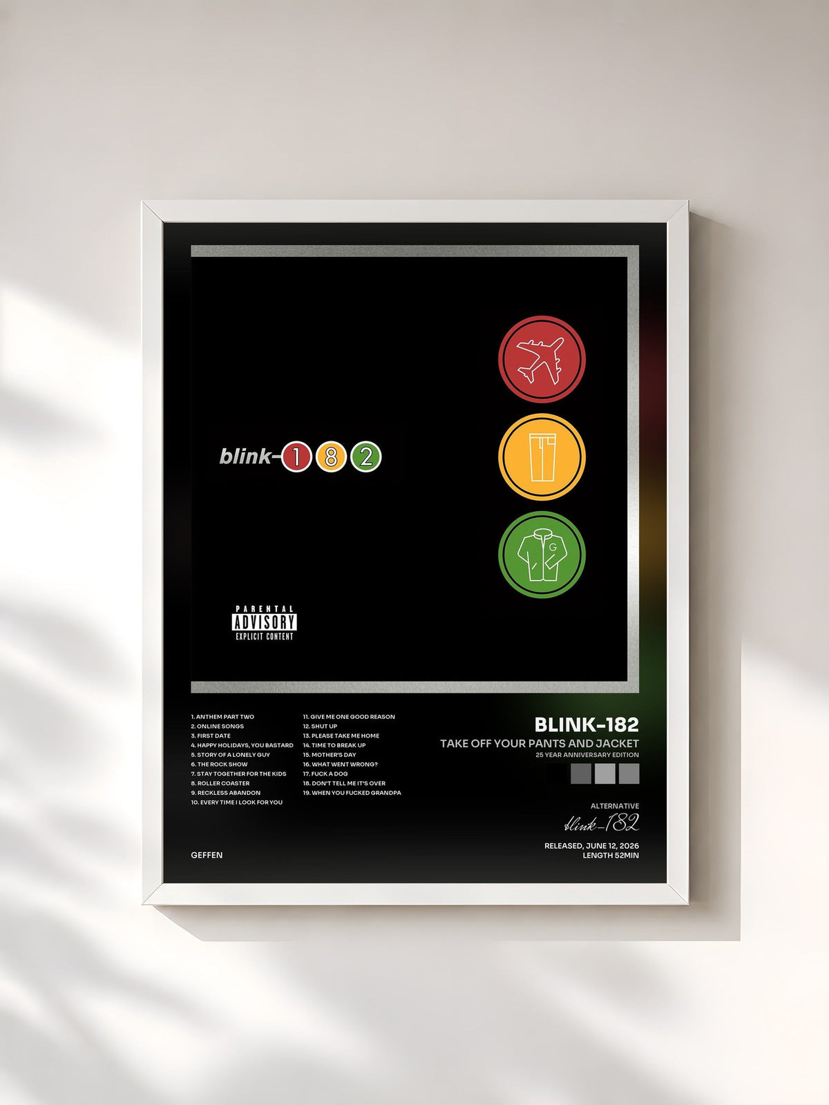 #blanc Tableau de l'album Take Off Your Pants And Jacket (25 Year Anniversary Edition) de blink-182, cadre blanc, imprimé et encadré en France