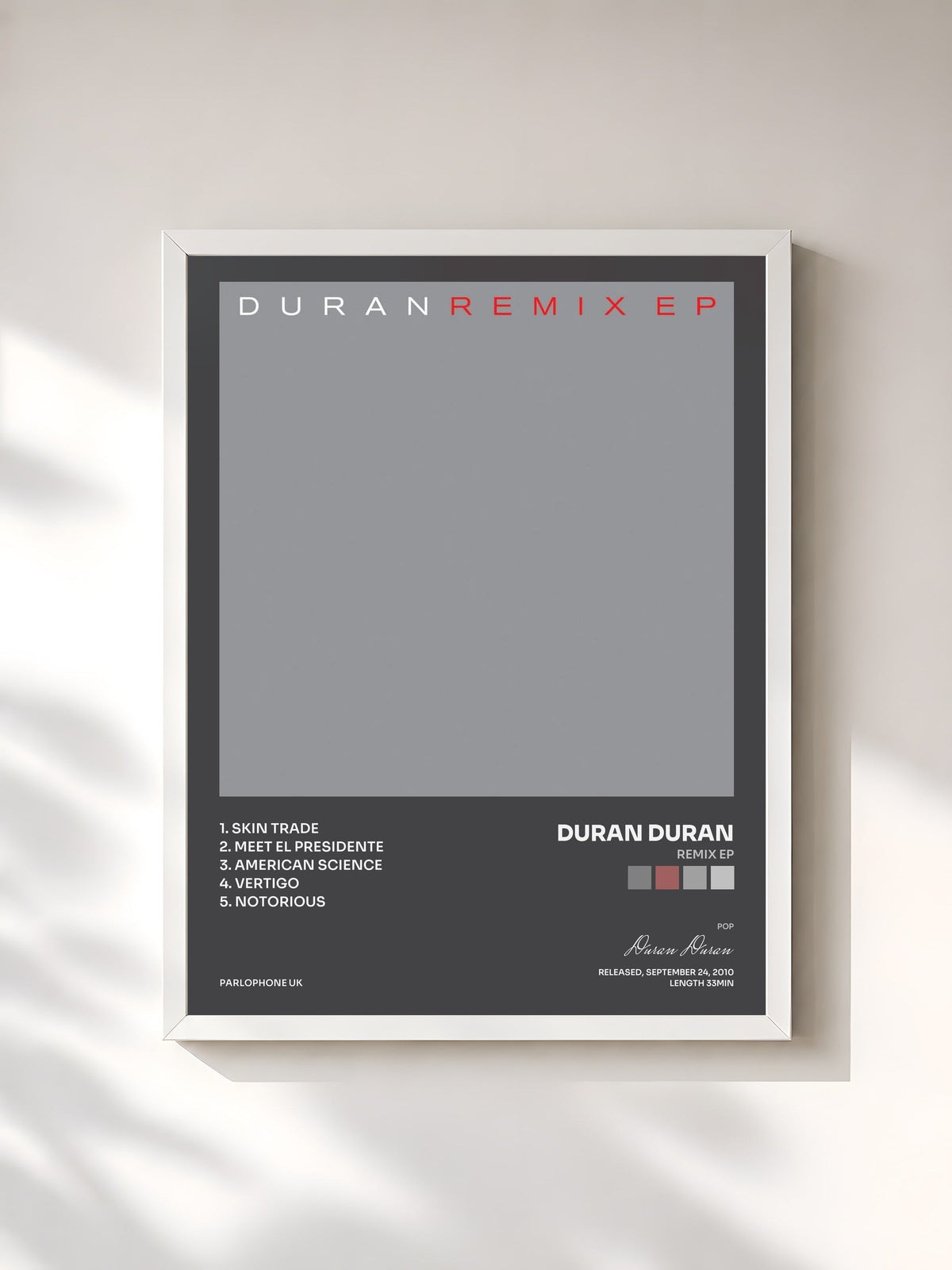 #blanc Tableau de l'album Remix EP de Duran Duran, cadre blanc, imprimé et encadré en France