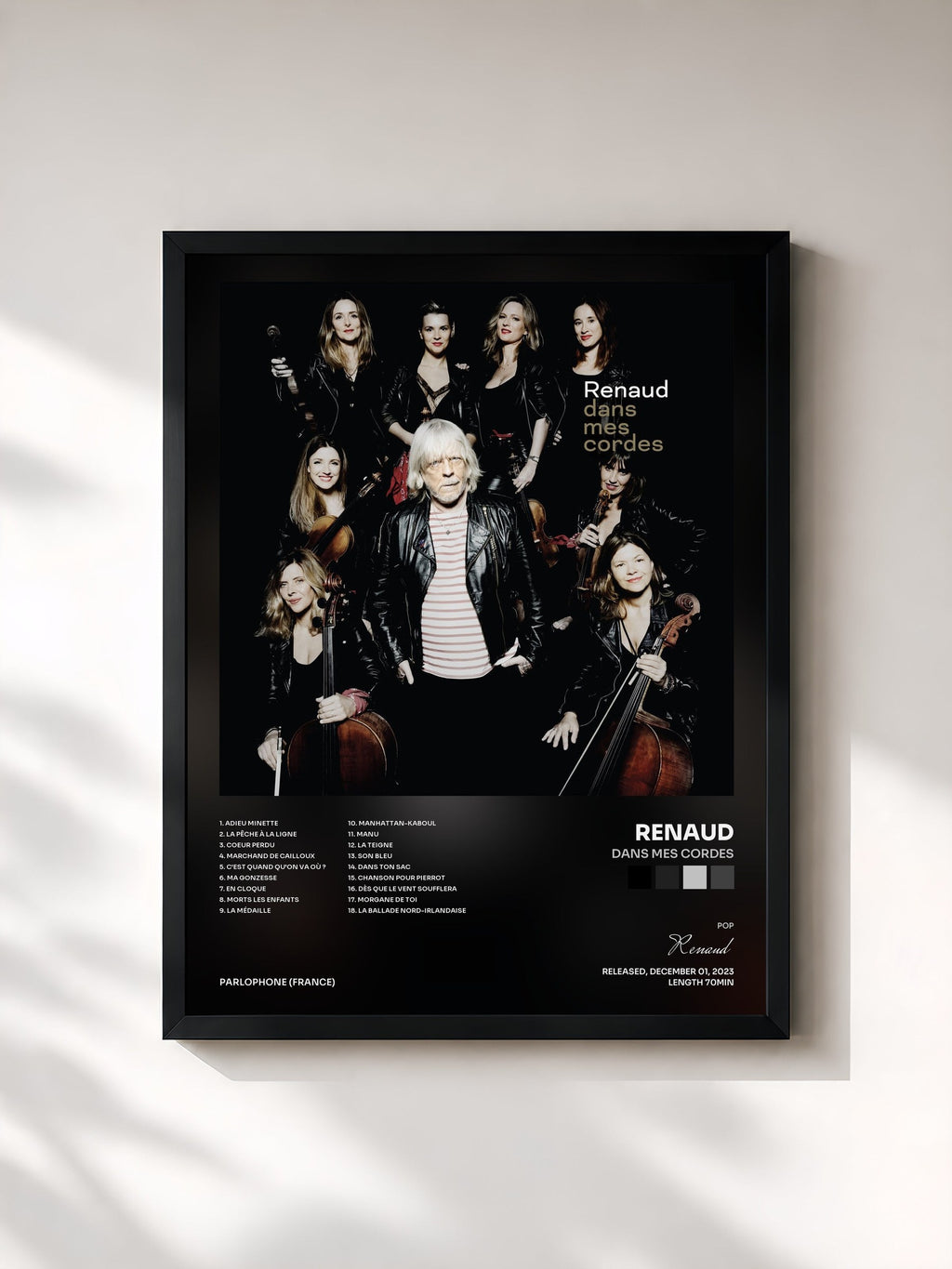#noir Tableau de l'album Dans mes cordes de Renaud, cadre noir, imprimé et encadré en France