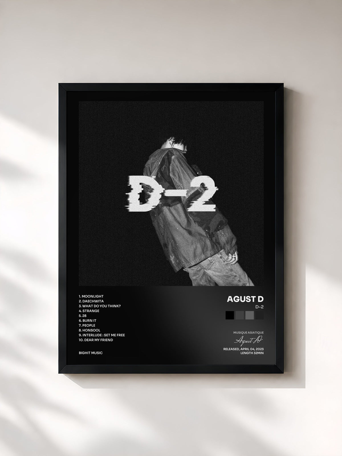 #noir Tableau de l'album D-2 de Agust D, cadre noir, imprimé et encadré en France
