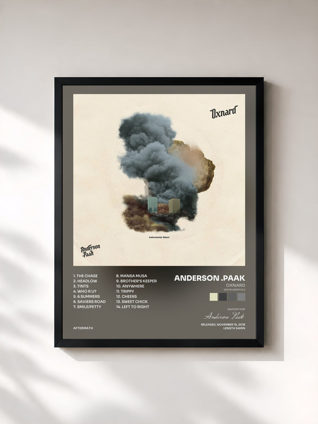 #noir Tableau de l'album Oxnard (Instrumentals) de Anderson .Paak, cadre noir, imprimé et encadré en France