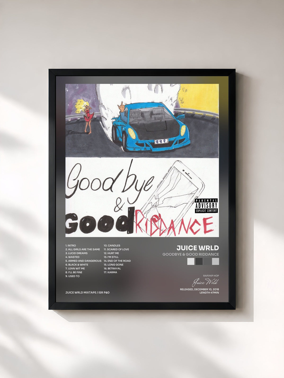 #noir Tableau de l'album Goodbye & Good Riddance de Juice Wrld, cadre noir, imprimé et encadré en France