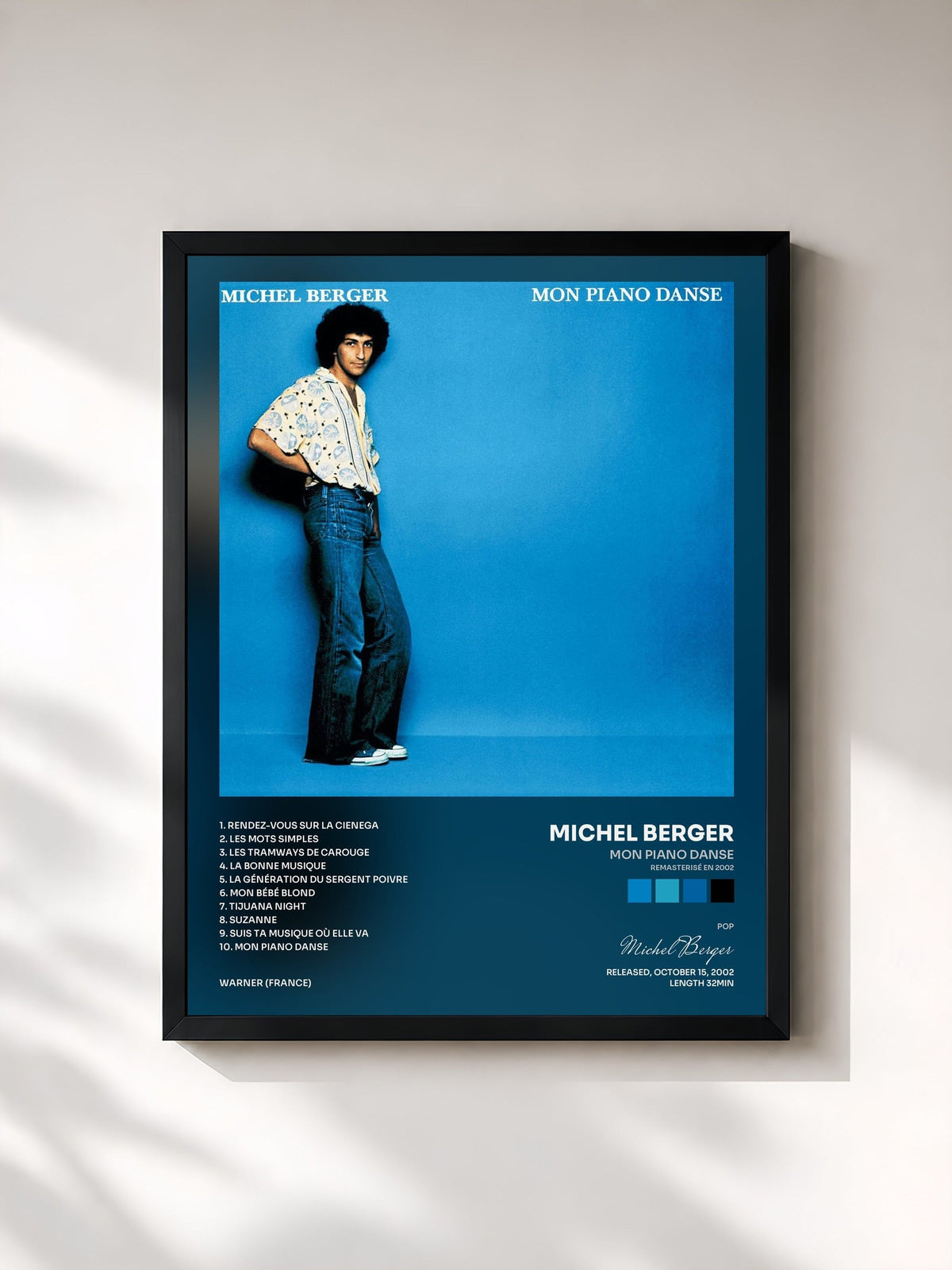 #noir Tableau de l'album Mon piano danse (Remasterisé en 2002) de Michel Berger, cadre noir, imprimé et encadré en France