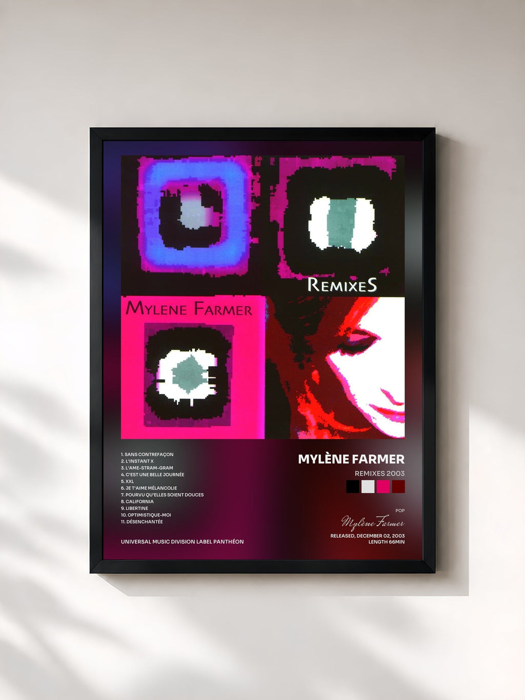 #noir Remixes 2003 by Mylène Farmer as a framed art print, black frame, printed and framed in France