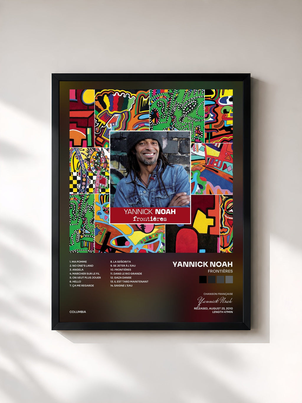 #noir Tableau de l'album Frontières de Yannick Noah, cadre noir, imprimé et encadré en France
