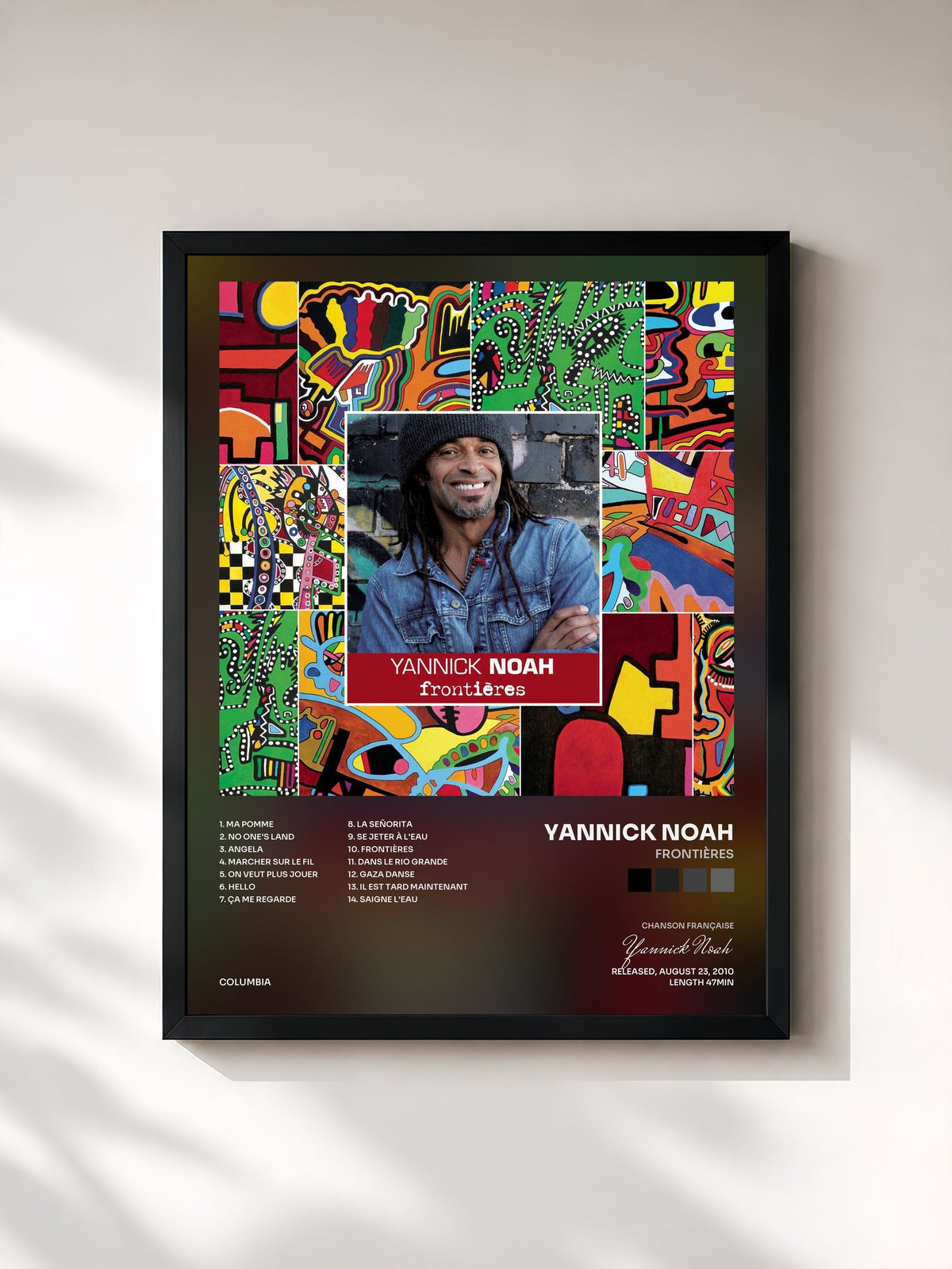 #noir Tableau de l'album Frontières de Yannick Noah, cadre noir, imprimé et encadré en France