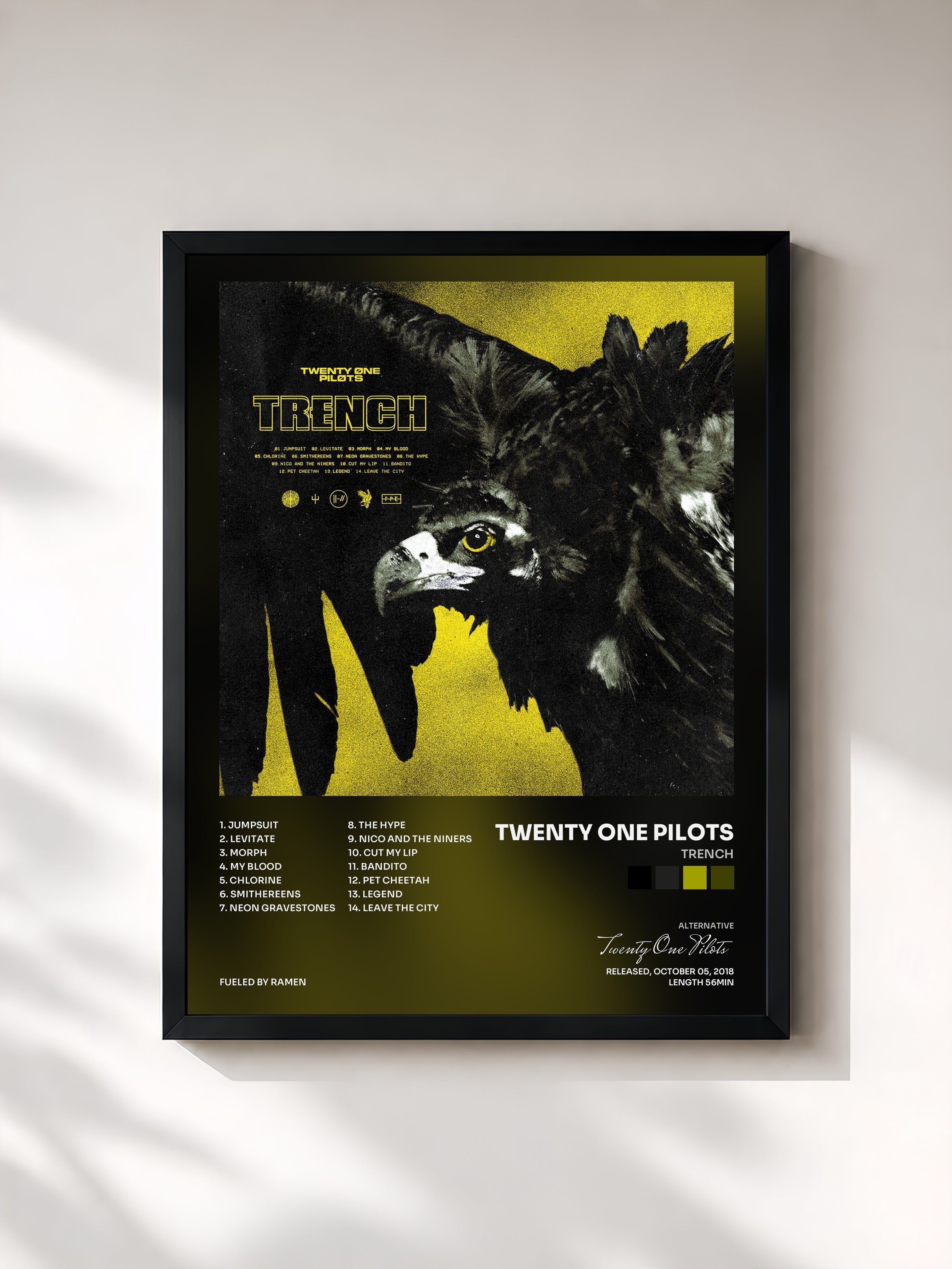 #noir Tableau de l'album Trench de Twenty One Pilots, cadre noir, imprimé et encadré en France