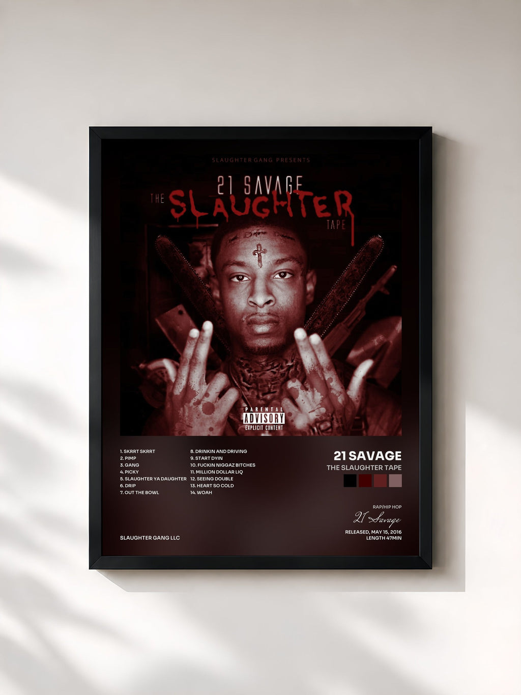 #noir Tableau de l'album The Slaughter Tape de 21 Savage, cadre noir, imprimé et encadré en France