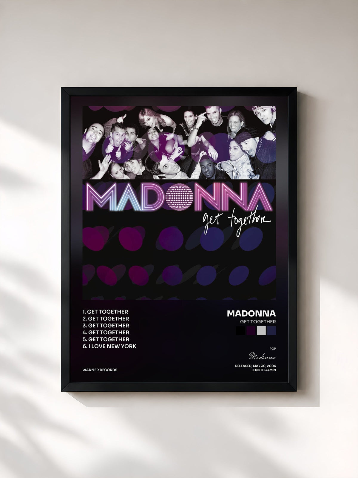 #noir Tableau de l'album Get Together de Madonna, cadre noir, imprimé et encadré en France