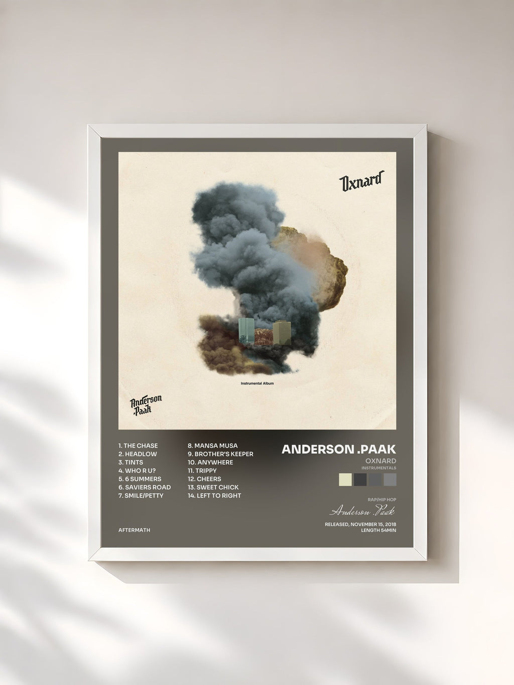 #blanc Tableau de l'album Oxnard (Instrumentals) de Anderson .Paak, cadre blanc, imprimé et encadré en France