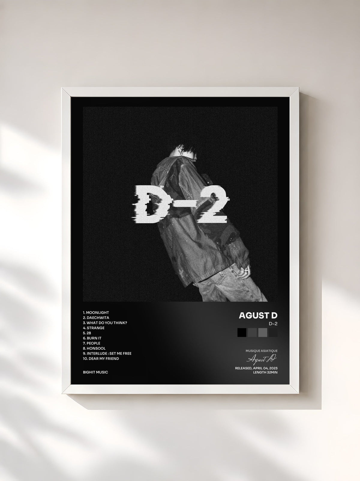 #blanc Tableau de l'album D-2 de Agust D, cadre blanc, imprimé et encadré en France