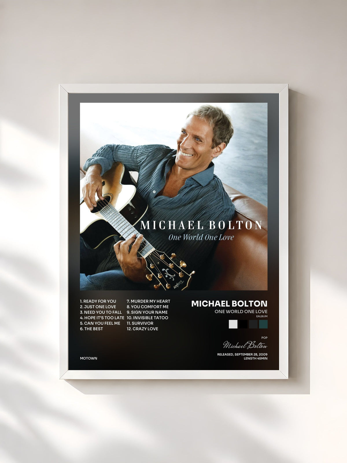 #blanc One World One Love (eAlbum) de Michael Bolton en lámina enmarcada, marco blanco, impresa y enmarcada en Francia