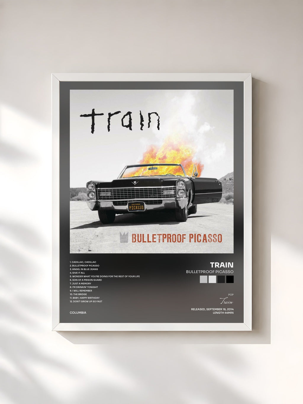 #blanc Tableau de l'album Bulletproof Picasso de Train, cadre blanc, imprimé et encadré en France