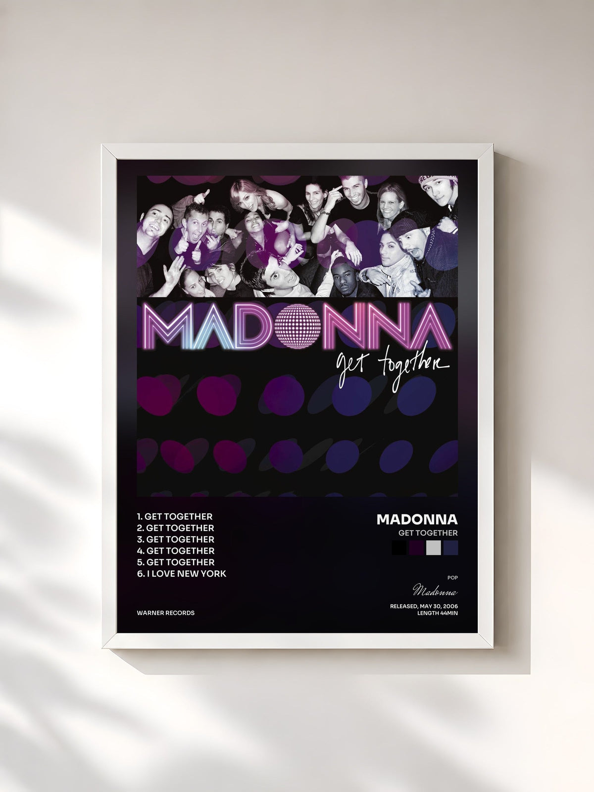 #blanc Tableau de l'album Get Together de Madonna, cadre blanc, imprimé et encadré en France
